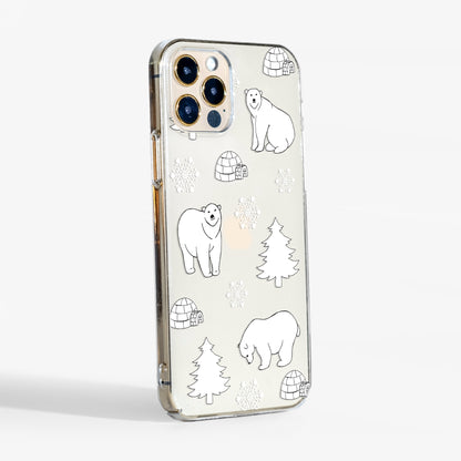 Side view showing polar bears clear phone case with transparent sides and slim, sturdy profile.
