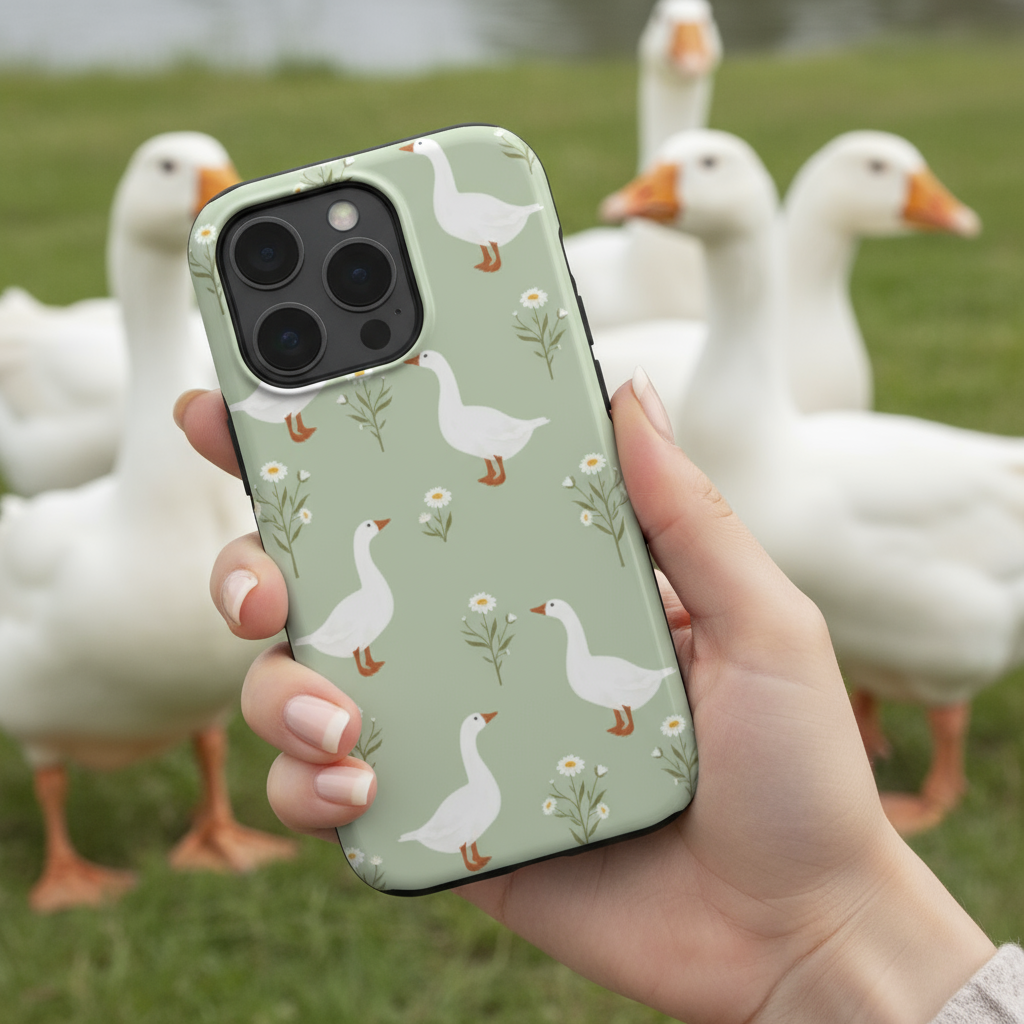 Phone case with cute goose pattern held by a hand, with geese in the background