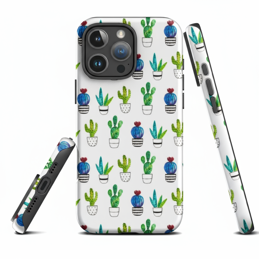 Tough Phone case with watercolour cactus pattern on a white background, showing glossy edges and dual-layer protection.