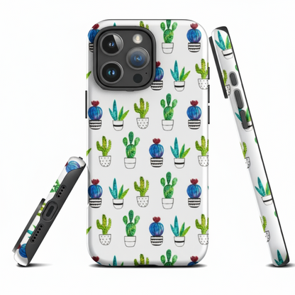 Tough Phone case with watercolour cactus pattern on a white background, showing glossy edges and dual-layer protection.