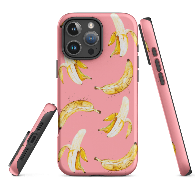 an iPhone 15 Pink Banana Tough Case showing printed edges and sturdy durable construction with dual layer shell