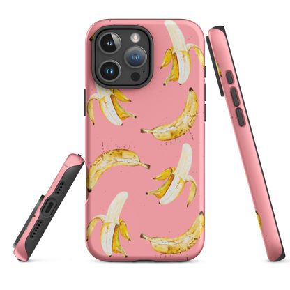 an iPhone 15 Pink Banana Tough Case showing printed edges and sturdy durable construction with dual layer shell