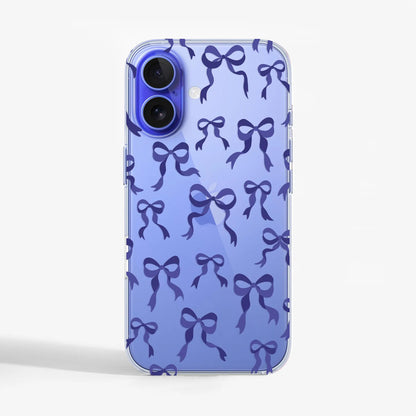 Clear phone case with purple ribbon bow print on a purple iPhone 16e