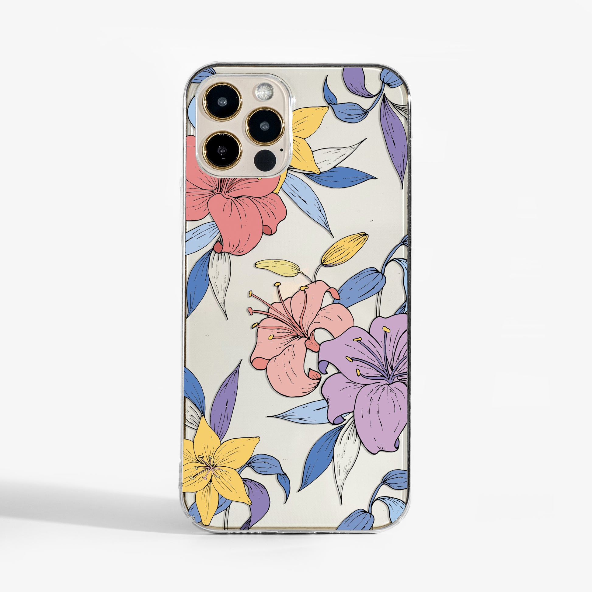 Clear purple florals phone case with delicate flowers print and transparent background that lets your phone shine through. 