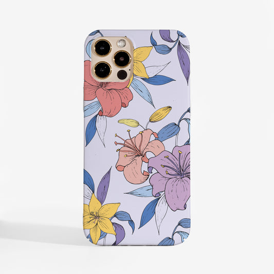  'Purple florals' phone case featuring elegant flower print with a soft purple background. A stylish protective phone case for iPhone, Samsung, and Google Pixel.