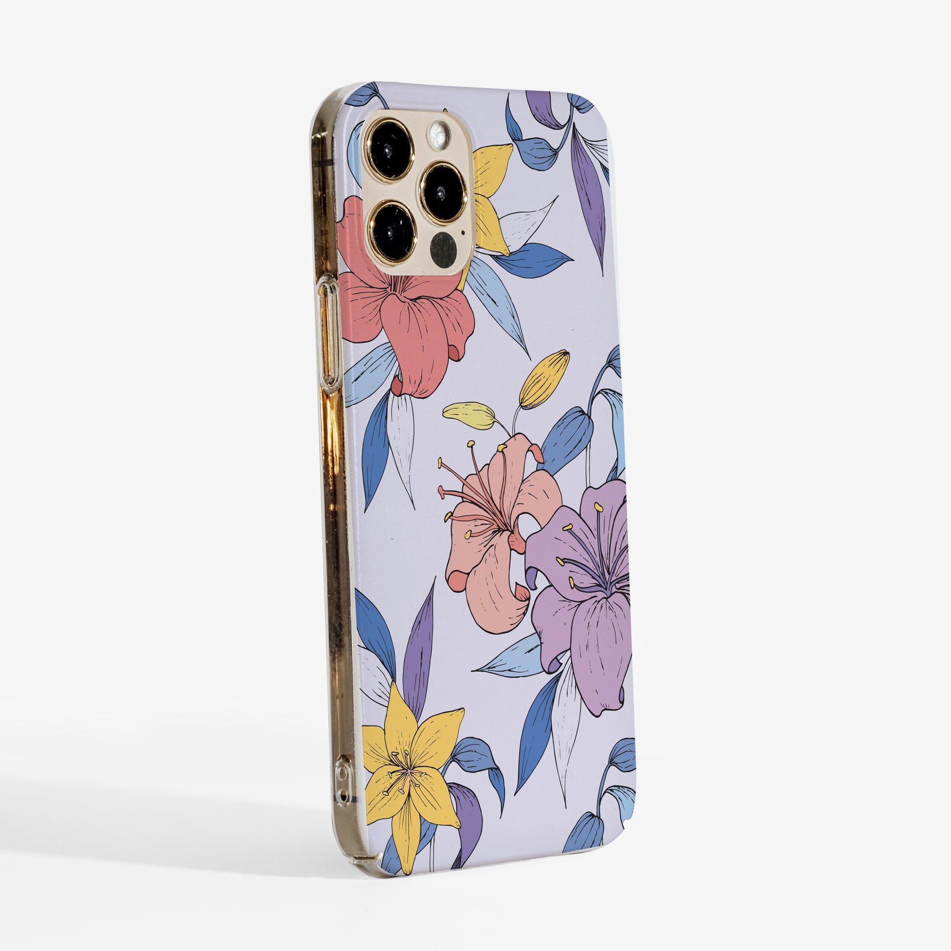 Side view showing purple florals phone case with clear edges and slim, sturdy shell for daily protection.