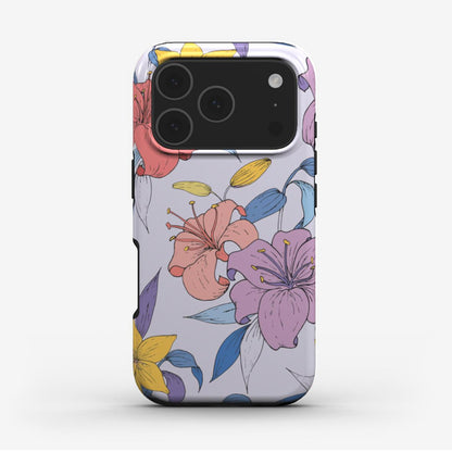 Purple Flowers phone case with elegant floral artwork in glossy finish. A feminine protective phone case design for iPhone and Samsung.