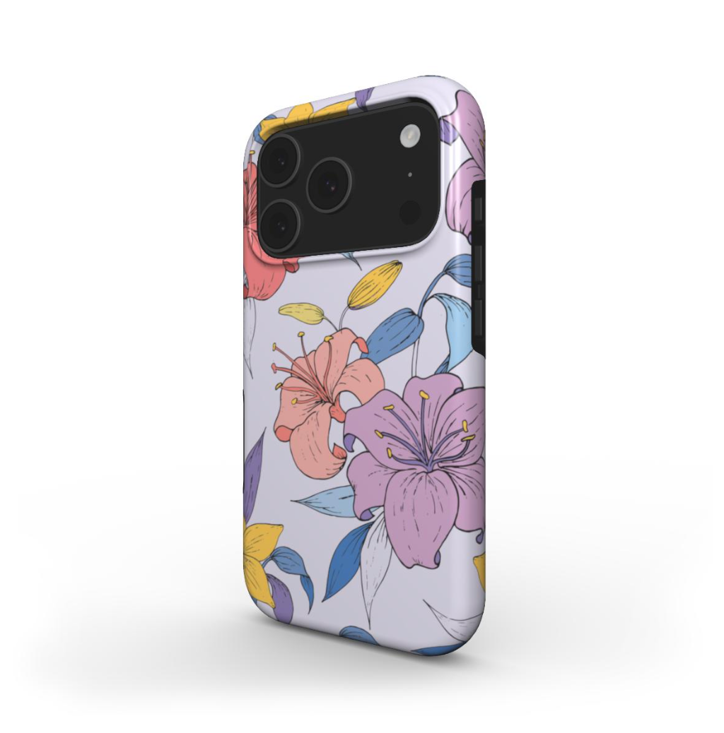 Side view of the Purple Flowers Tough Case showing glossy wraparound print and sleek protection.