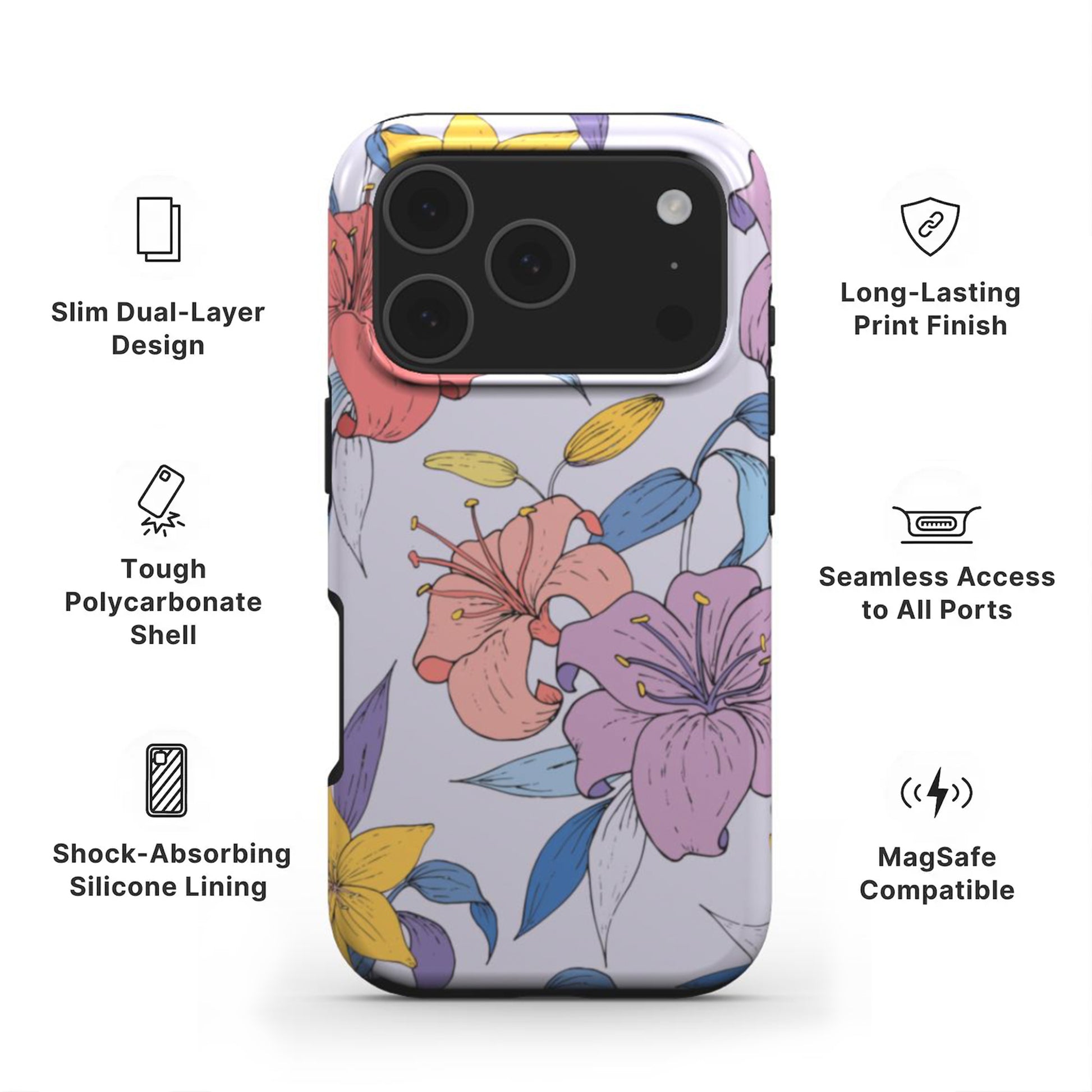 Purple Flowers Tough Phone Case showing features like dual layer protection, long-lasting print and easy access to all ports 