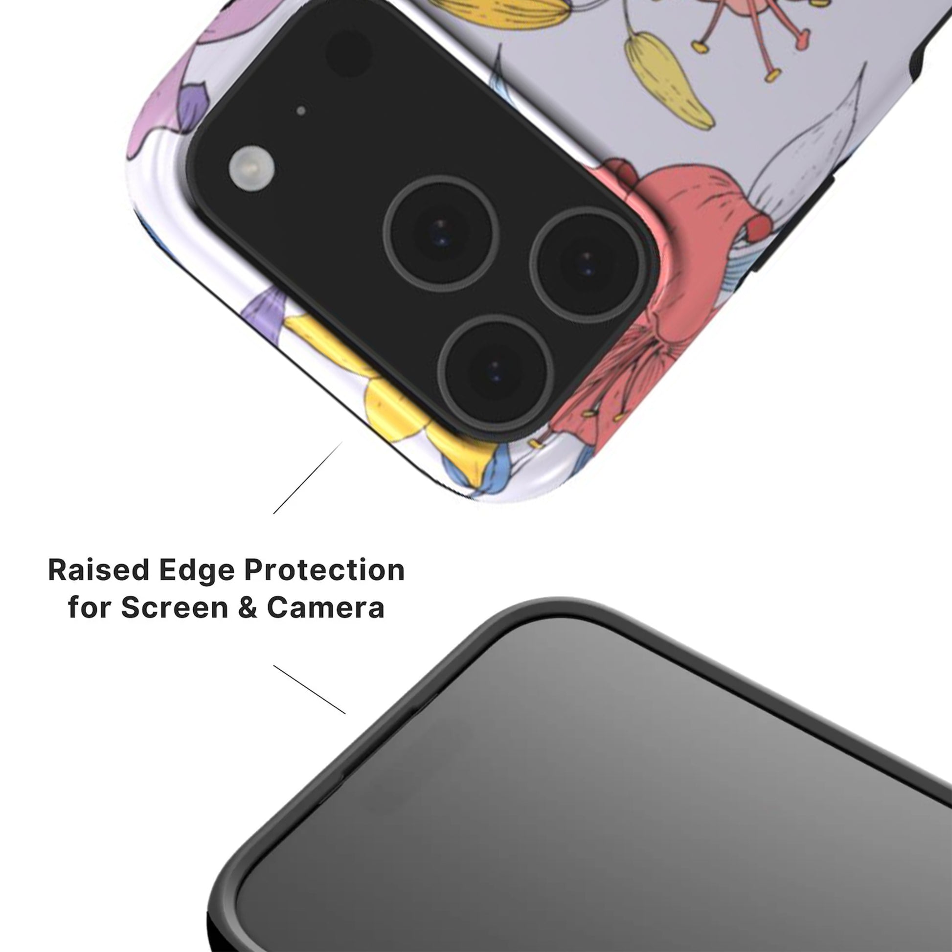 Purple Flowers Tough Phone case showing raised camera and screen edges with black rim 