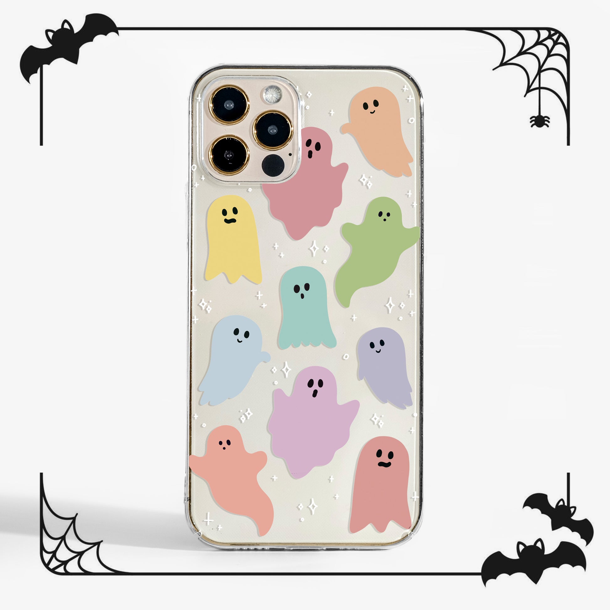 Cute Clear rainbow ghosts phone case with playful pastel ghost design — a fun, stylish phone case for iPhone, Samsung, and Google Pixel.
