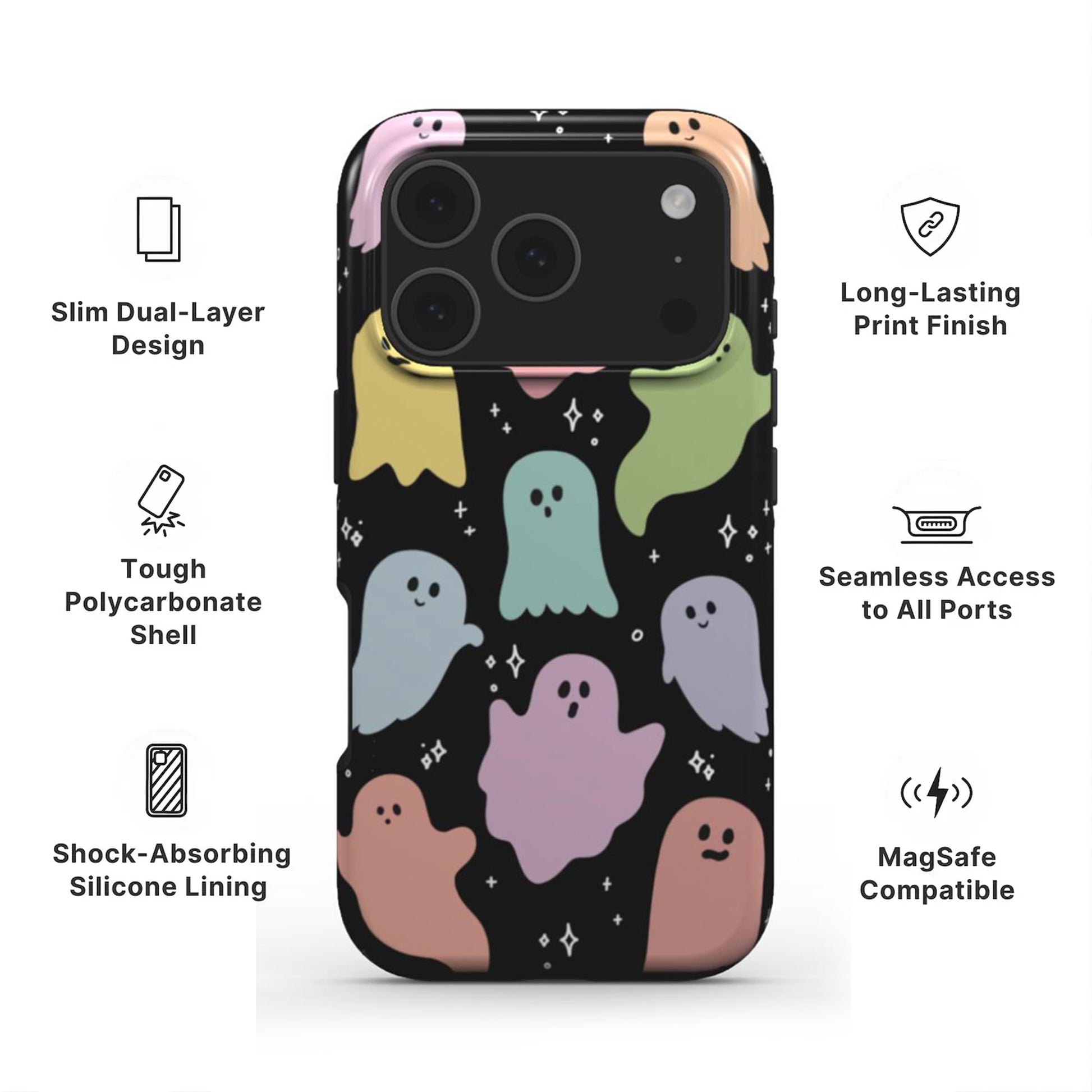 Rainbow Ghosts Phone Case showing features like dual layer protection, long-lasting print and easy access to all ports 