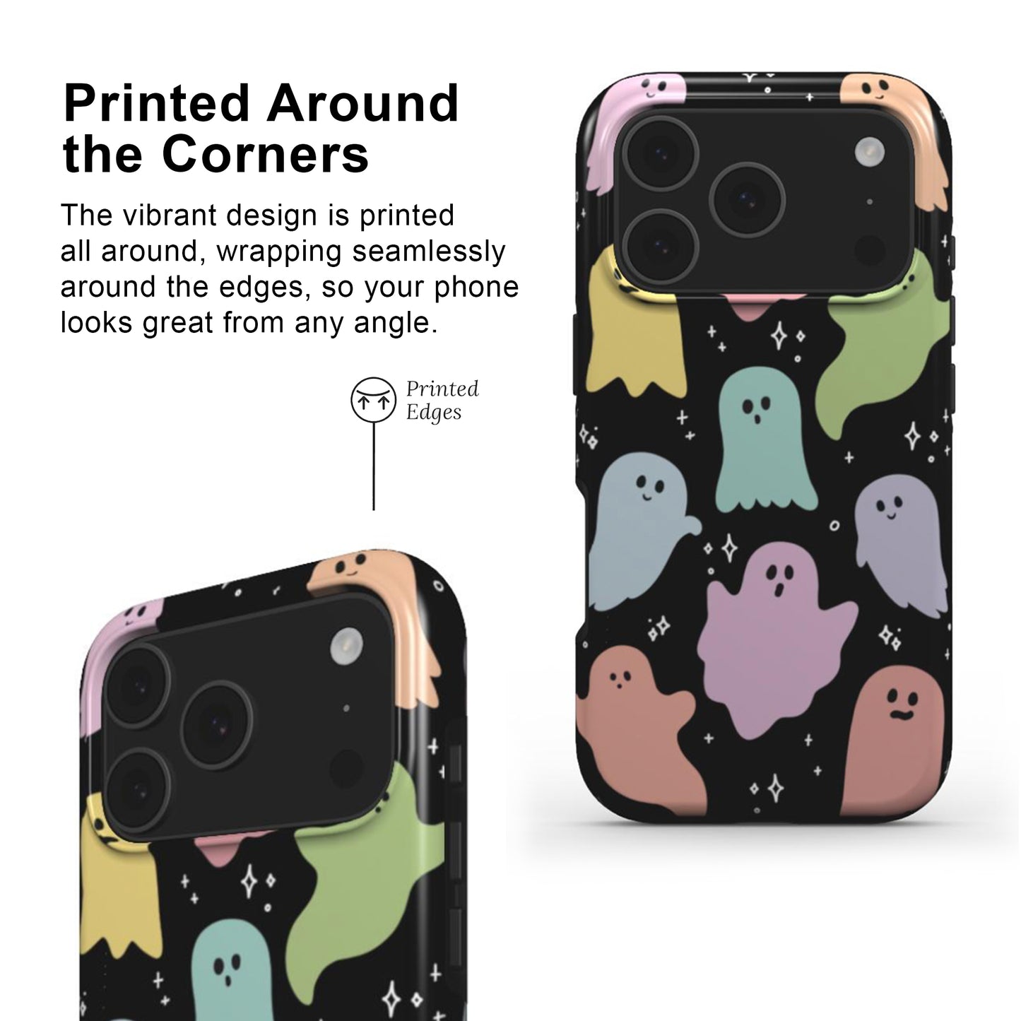 Phone case with ghost design printed around the corners 