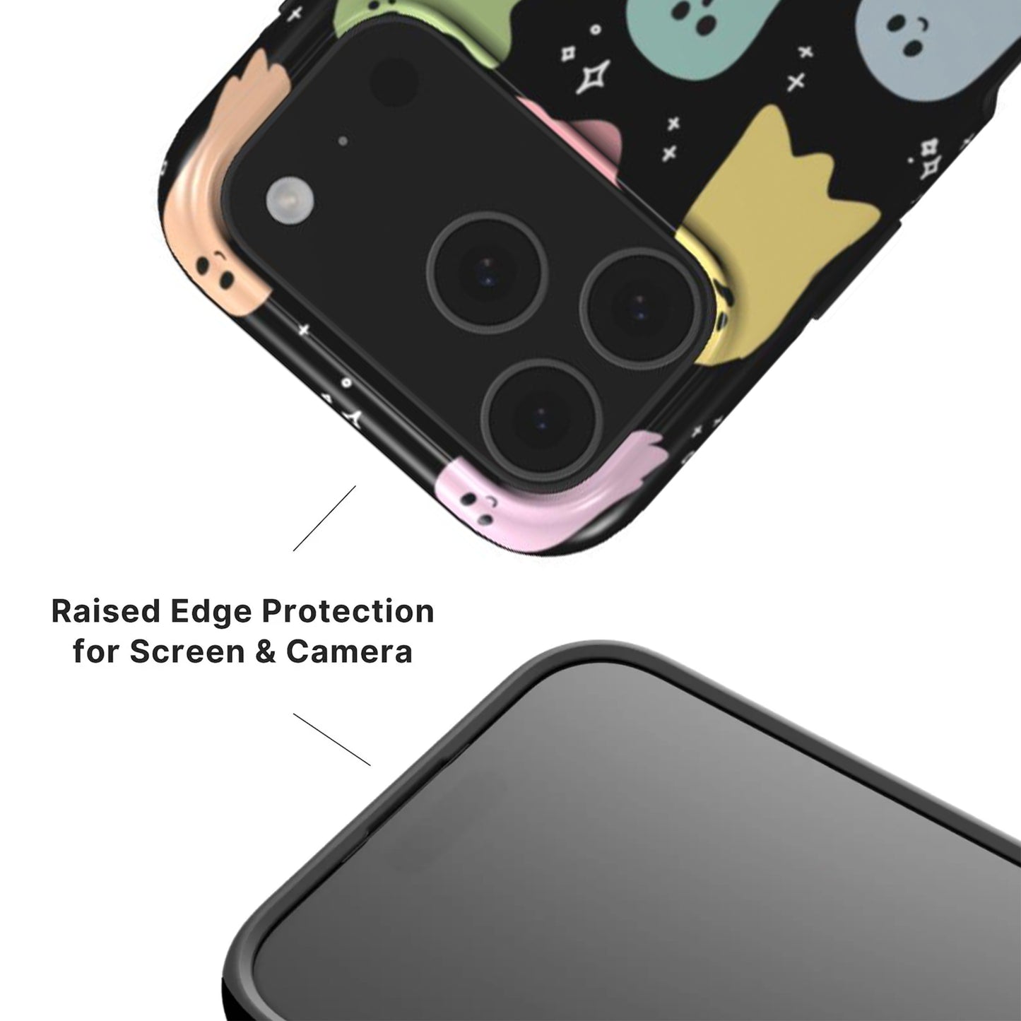 Rainbow Ghosts Phone Case showing raised camera and screen edges with black rim 