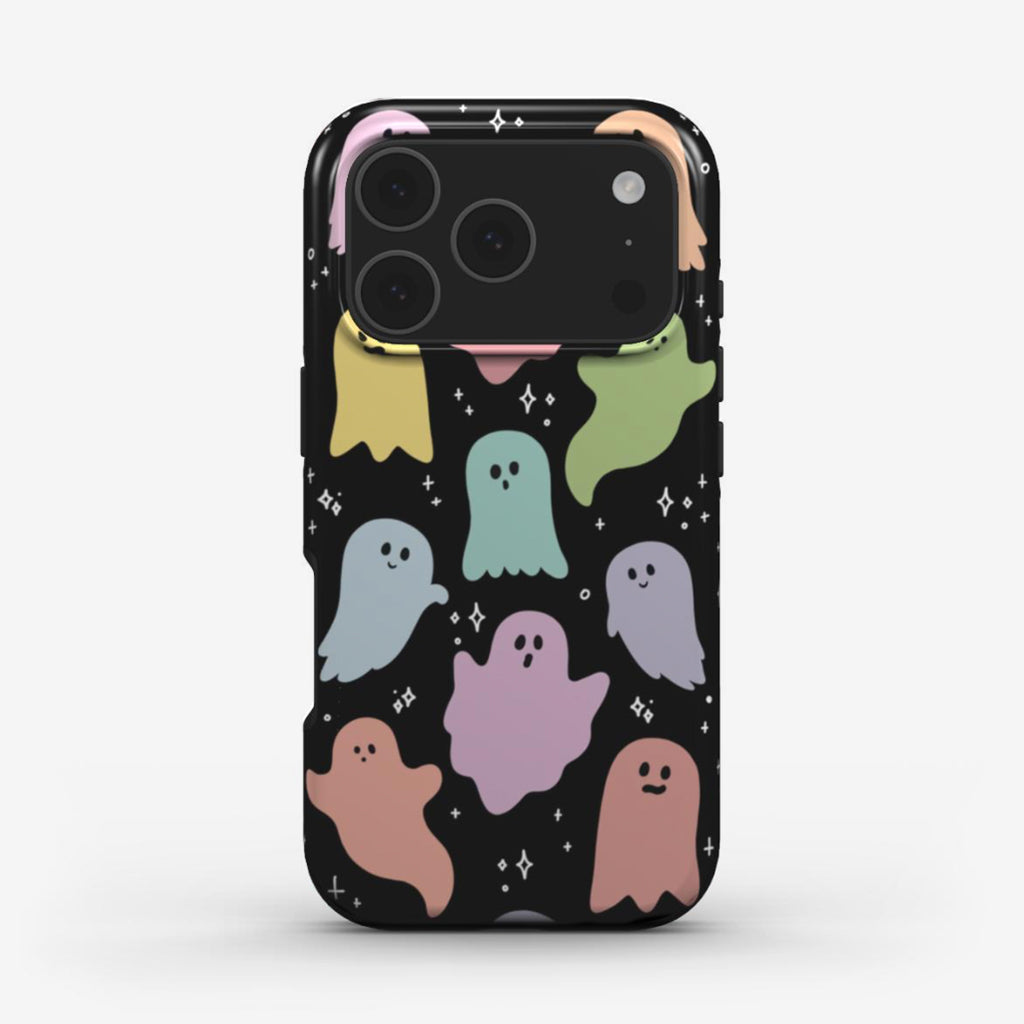 Rainbow Ghosts phone case with pastel ghosts on black background, glossy finish, and full-wrap art design. A cute Halloween phone case aesthetic.