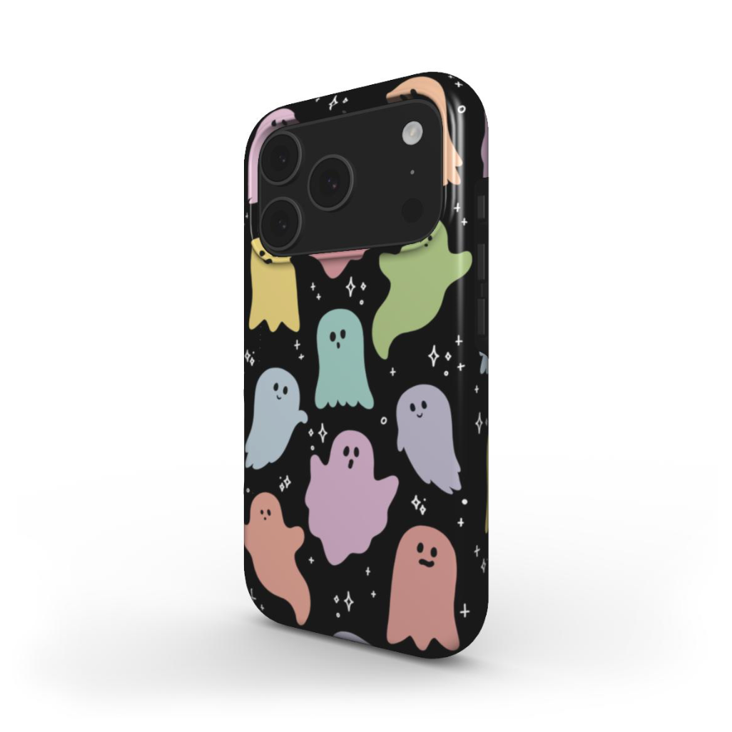 Side view of the Rainbow Ghosts Tough Case showing printed protective edges and slim dual-layer fit.