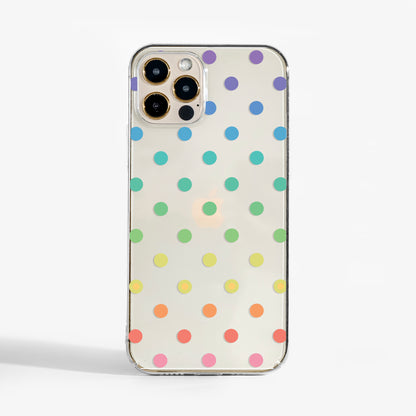 Clear rainbow polka dots phone case with colourful dot pattern and smooth matte finish on a transparent background. A stylish, protective art phone case for iPhone, Samsung, and Google Pixel