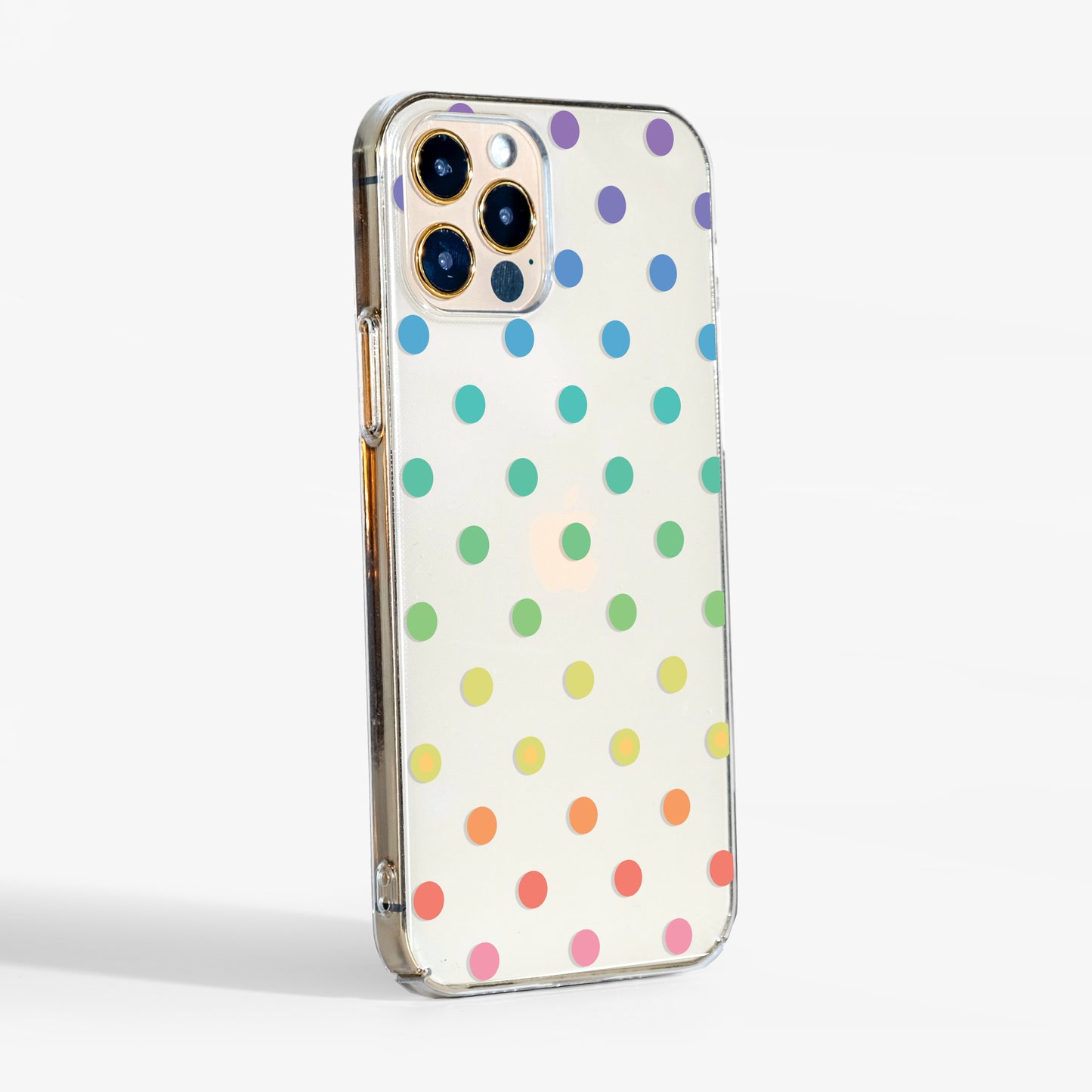 Side view showing rainbow polka dots clear phone case with transparent sides and slim, lightweight fit.