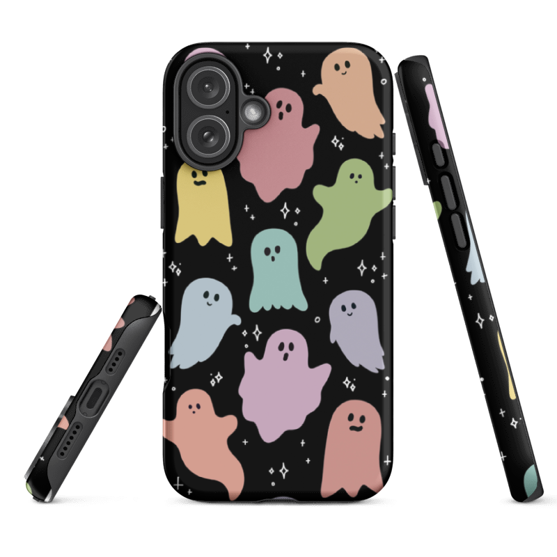 iPhone 16e  Rainbow Ghosts Tough Case showing printed edges and protective dual-layer design
