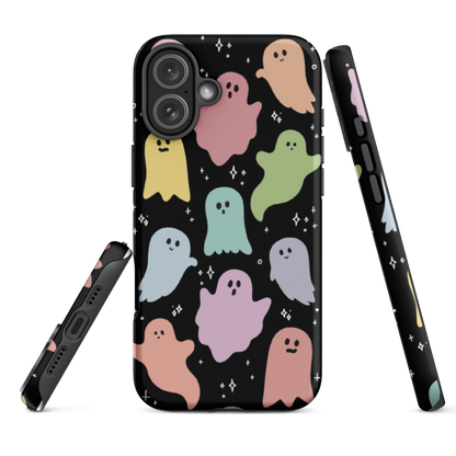 iPhone 16e  Rainbow Ghosts Tough Case showing printed edges and protective dual-layer design