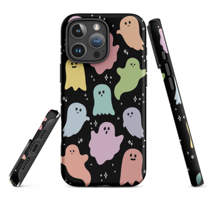 example of iPhone 15 Rainbow Ghosts Tough Case showing printed protective edges and slim dual-layer fit.