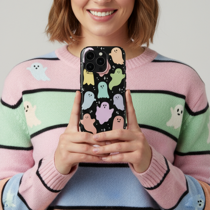 woman holding a phone with the Rainbow Ghosts Tough Case showing it in real life