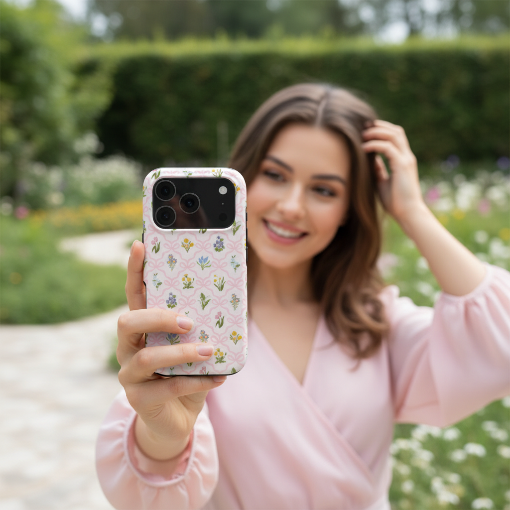 Wildflower phone case styled in everyday use, featuring delicate spring flowers and a soft pink bow pattern inspired by English cottage gardens.