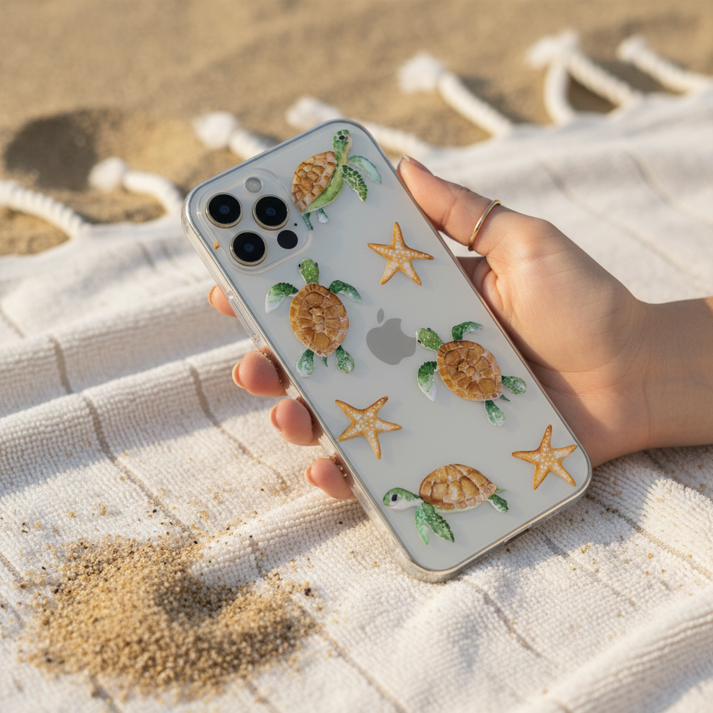 Phone with a clear phone case featuring sea turtles and star fish  design