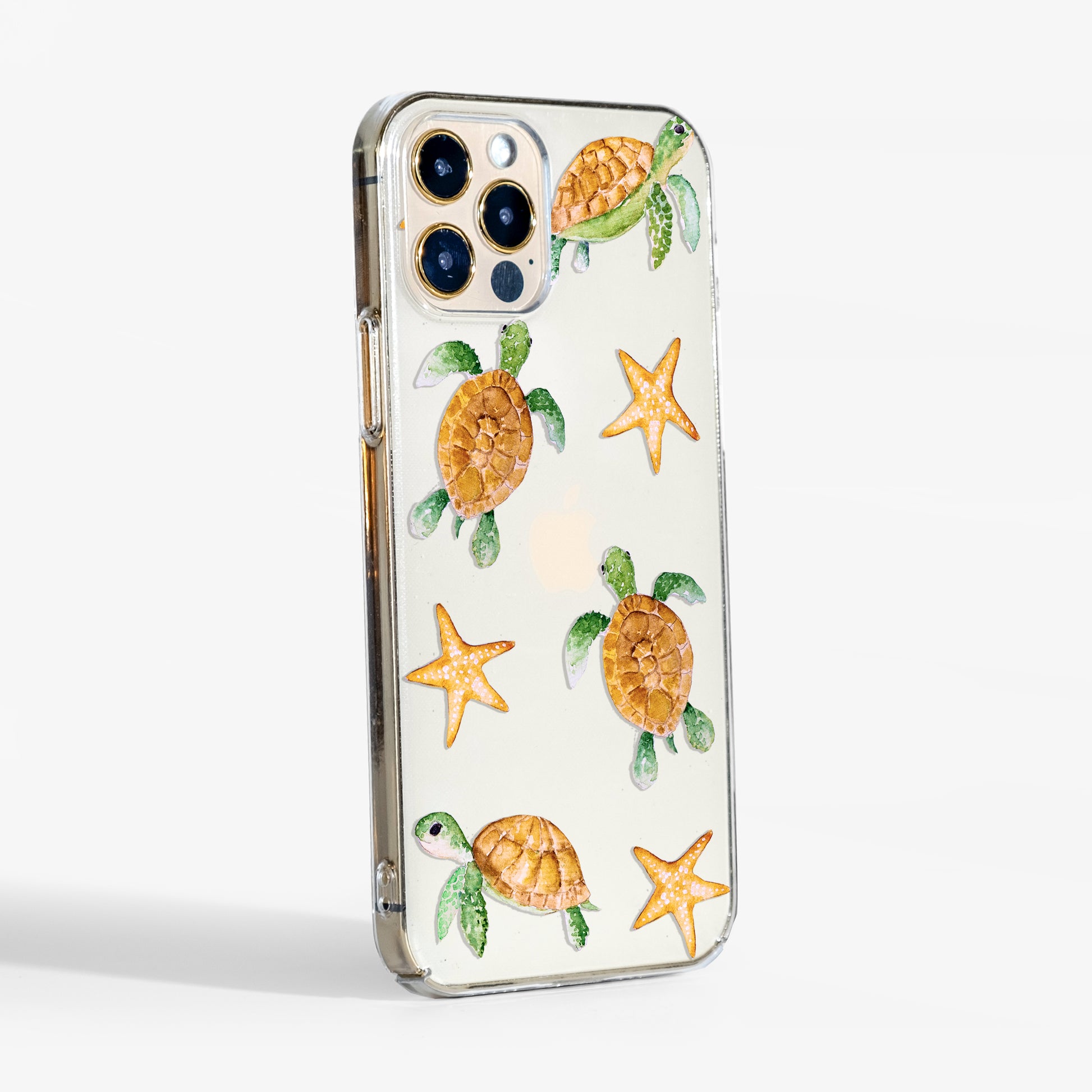 Side view showing sea turtles clear phone case with transparent sides and durable, slim fit.