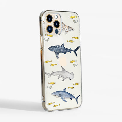 Side view showing sharks clear phone case with transparent edges and sleek, sturdy profile