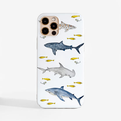 Sharks phone case featuring watercolour shark design and smooth matte print. A stylish and durable phone case for iPhone, Samsung, and Google Pixel.
