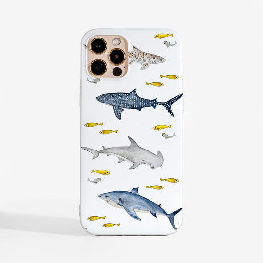 Sharks phone case featuring watercolour shark design and smooth matte print. A stylish and durable phone case for iPhone, Samsung, and Google Pixel.