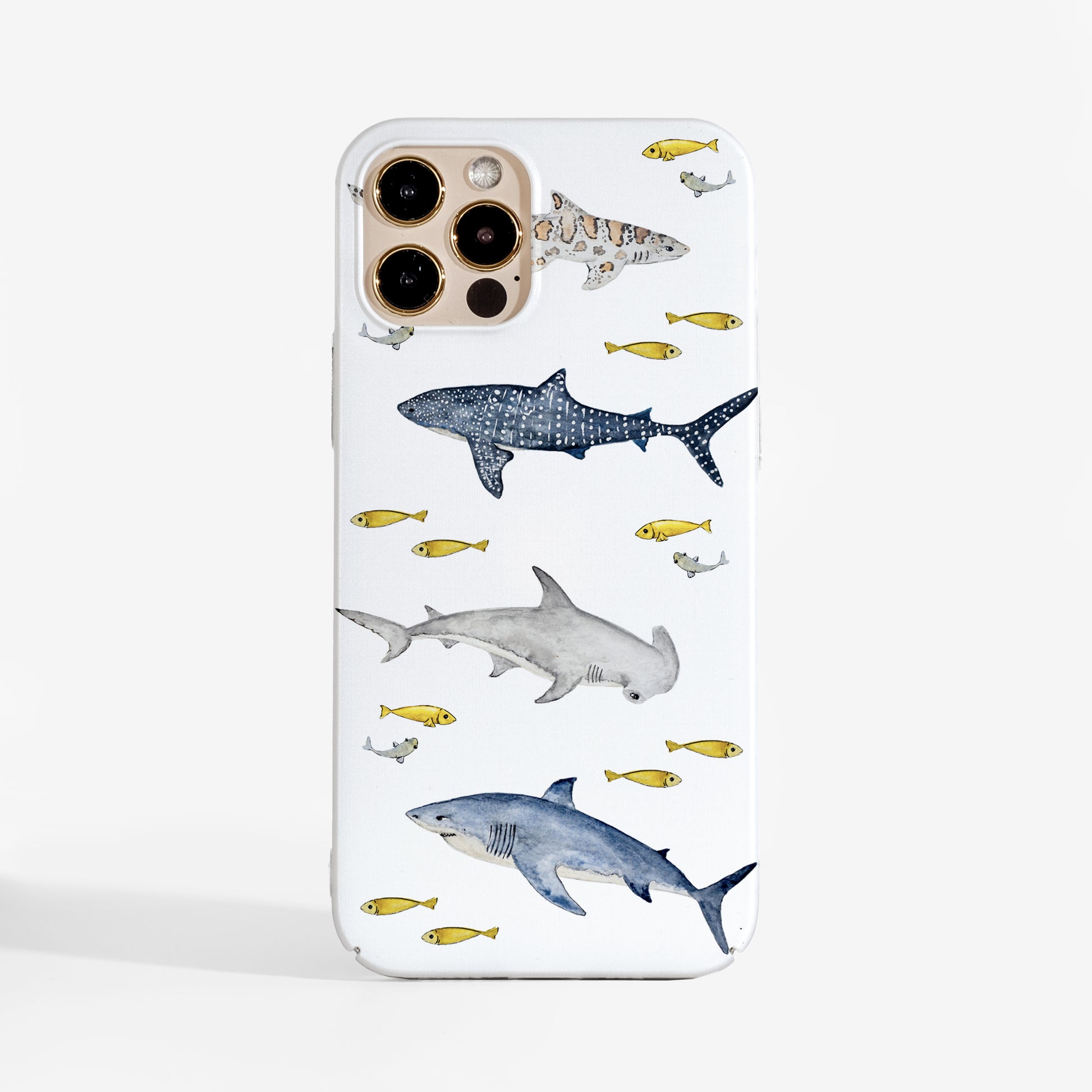 Sharks phone case featuring watercolour shark design and smooth matte print. A stylish and durable phone case for iPhone, Samsung, and Google Pixel.