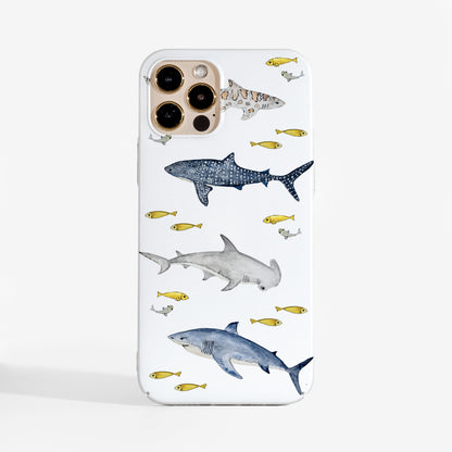 Sharks phone case featuring watercolour shark design and smooth matte print. A stylish and durable phone case for iPhone, Samsung, and Google Pixel.