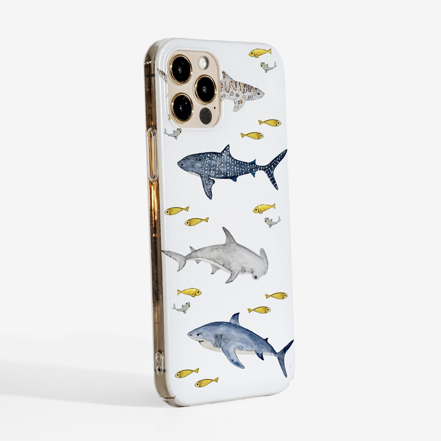 Side view showing sharks phone case with clear sides and slim protective cover