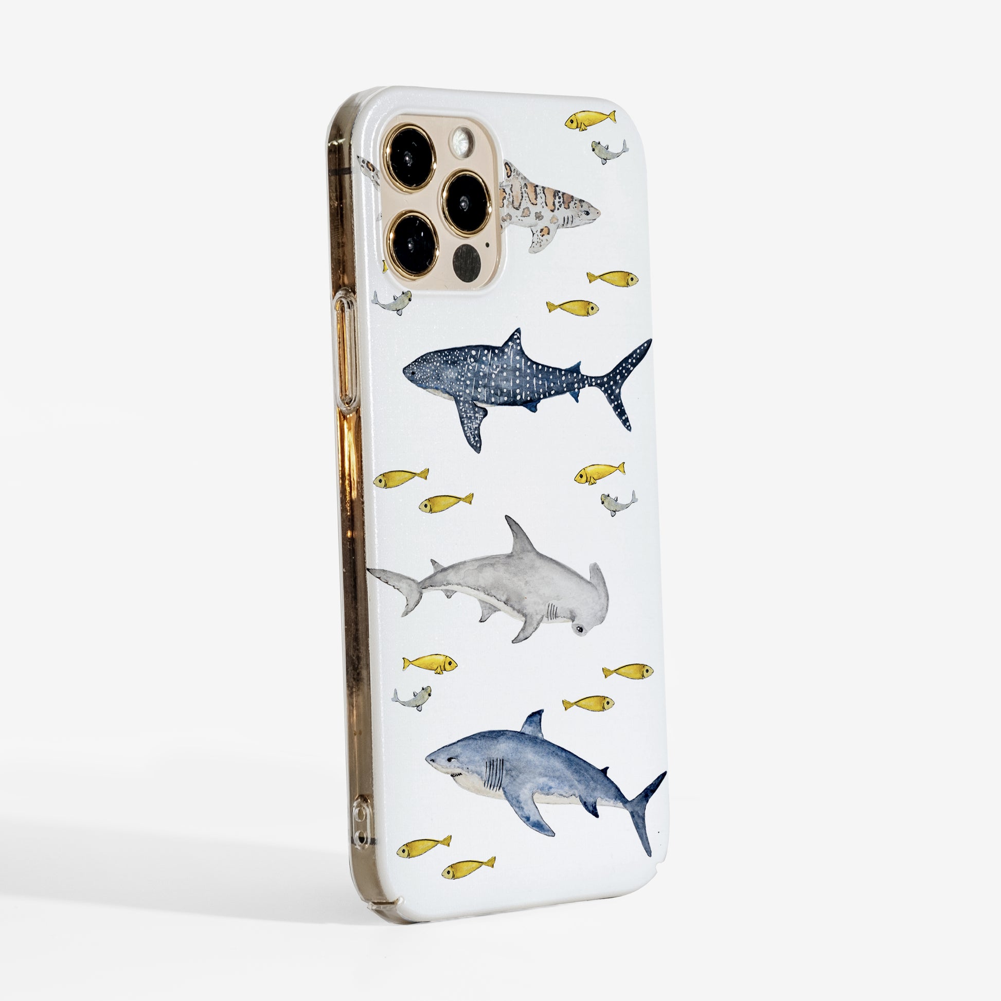 Side view showing sharks phone case with clear sides and slim protective cover