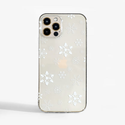 Clear small snowflakes phone case with delicate winter design and smooth matte finish on a transparent background. A stylish protective phone case that adds subtle festive charm.