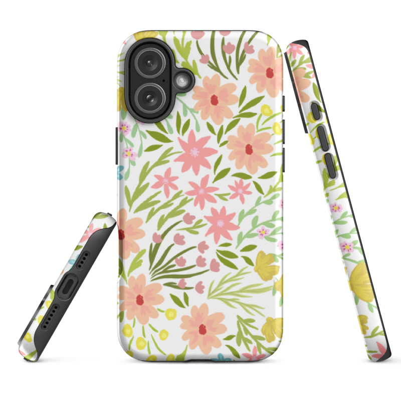 iPhone 16e Summer Florals Phone Case showing glossy wraparound print and protective durable dual layer shell made of TPU inner liner and hard printed cover