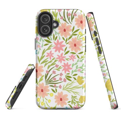 iPhone 16e Summer Florals Phone Case showing glossy wraparound print and protective durable dual layer shell made of TPU inner liner and hard printed cover