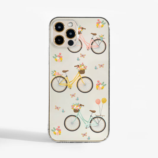 Clear spring bikes phone case with pastel bike artwork and matte art finish. A stylish and protective phone case for iPhone, Samsung, and Google Pixel.