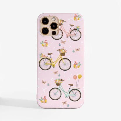Spring bikes phone case with soft pink bicycle design and smooth matte print finish. A stylish protective art phone case for women who love their tech to be as pretty and protective
