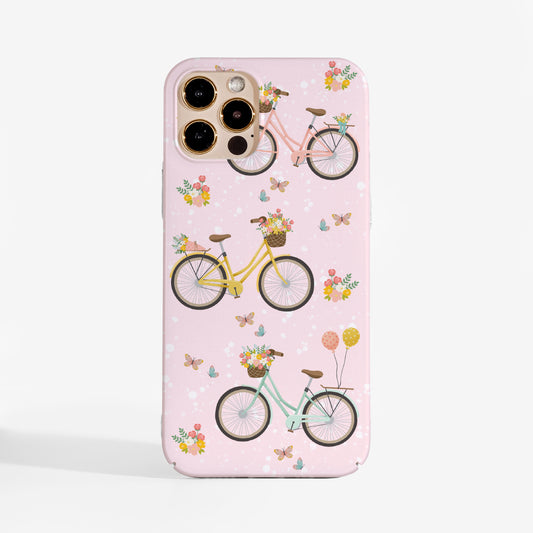 Spring bikes phone case with soft pink bicycle design and smooth matte print finish. A stylish protective art phone case for women who love their tech to be as pretty and protective