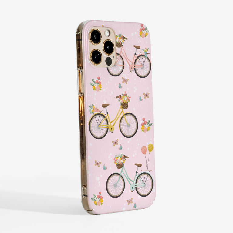 Side view showing spring bikes phone case with clear sides and slim, durable build.