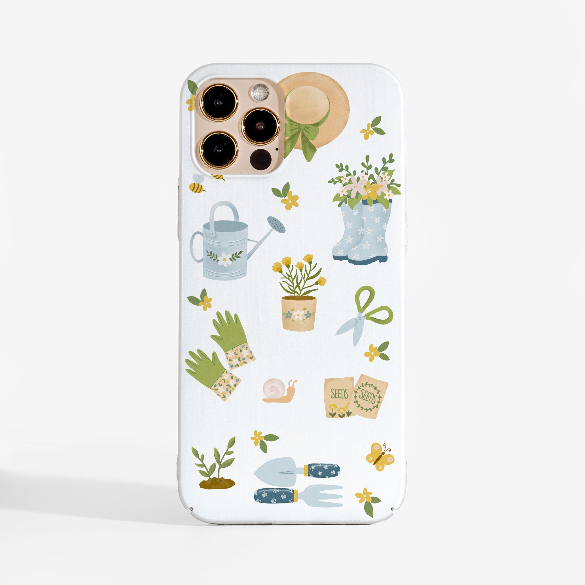 Spring garden phone case with pretty design featuring gardening print. A designer phone case for women — protective, pretty and with personality