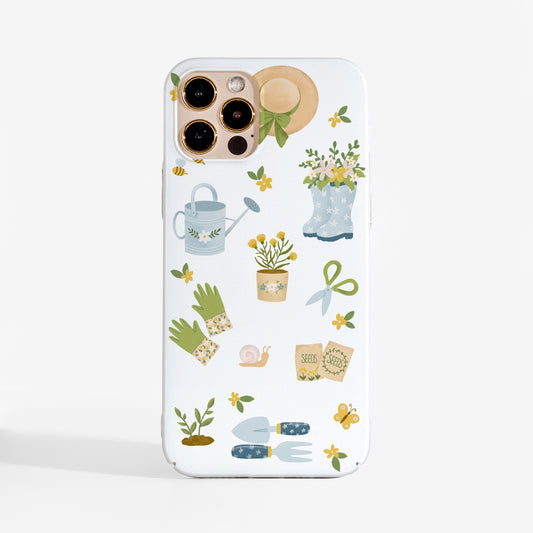 Spring garden phone case with pretty design featuring gardening print. A designer phone case for women — protective, pretty and with personality