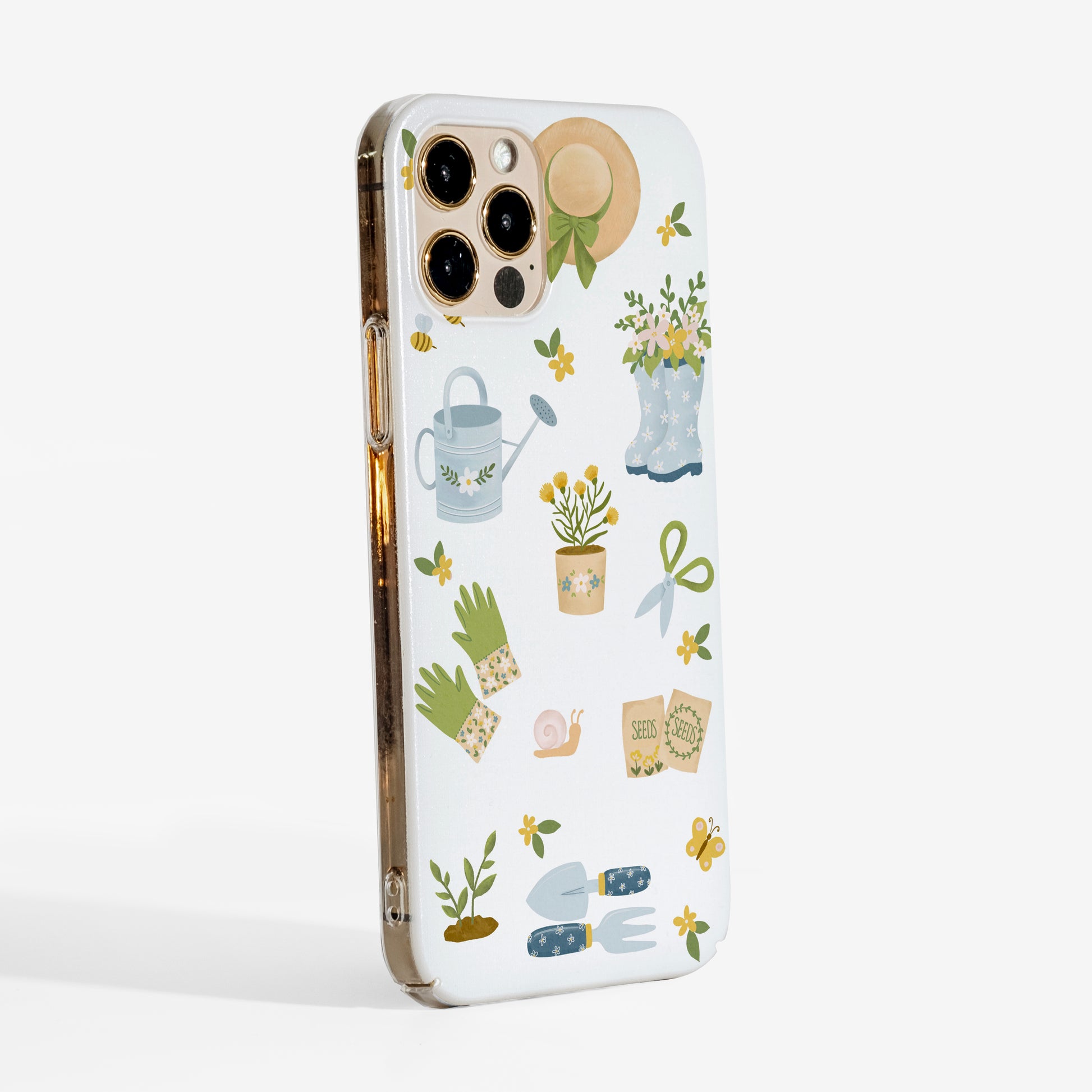 Side view showing spring garden phone case with clear sides and slim, protective profile.