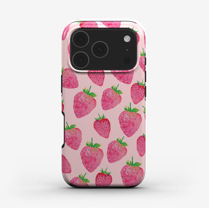 Strawberries phone case featuring hand-painted fruit design on a pink background with glossy finish. A cute, protective phone case aesthetic for iPhone and Samsung.