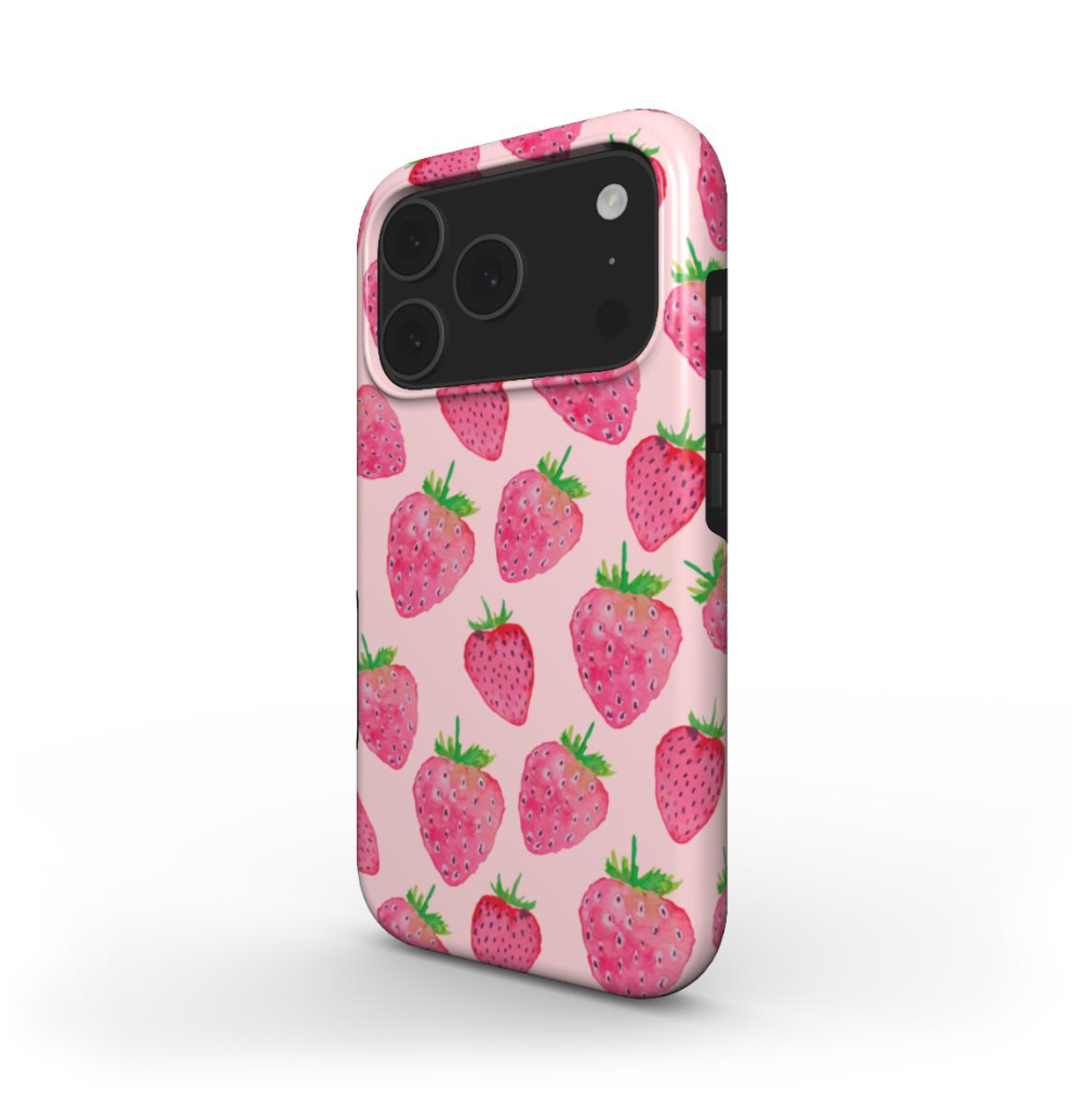 Side view of the Strawberries Tough Case showing glossy wraparound print that cover the edges