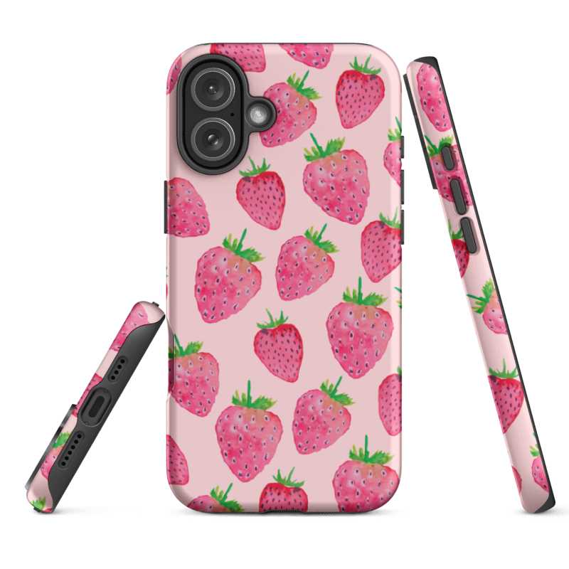 iPhone 16e Phone case with strawberry pattern on a pink background with full wraparound print and dual layer protective shell 