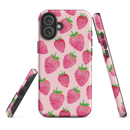 iPhone 16e Phone case with strawberry pattern on a pink background with full wraparound print and dual layer protective shell 